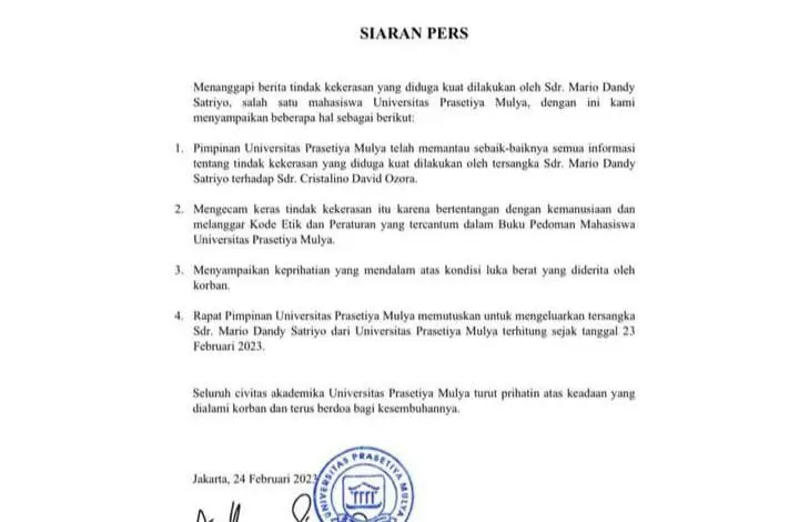 Anak Pejabat Ditjen Pajak di-DO dari Kampus Prasetiya Mulya Buntut Lakukan Penganiayaan