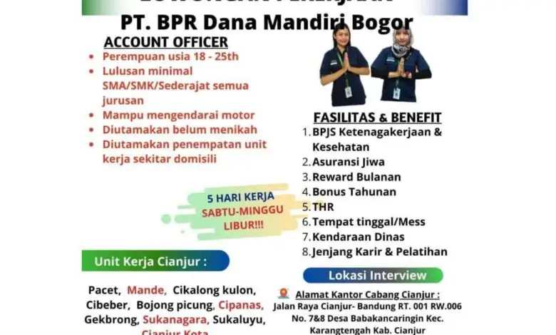 Lowongan Account Officer BPR Dana Mandiri Bogor Unit Kerja Cianjur, Intip Fasilitas dan Benefitnya di Sini!