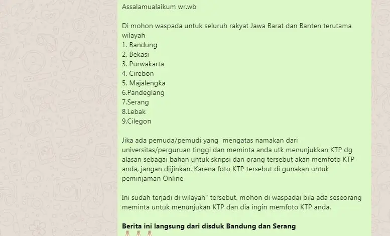 Pesan Hoaks Disdukcapil Bandung Viral di WhatsApp