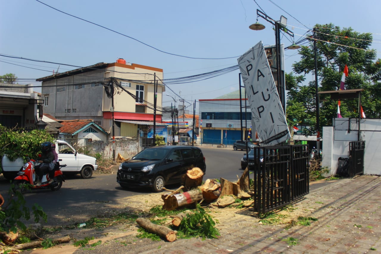 Properti Kafe Palupi rusak akibat penebangan pohon di Jalan Otista Cianjur.