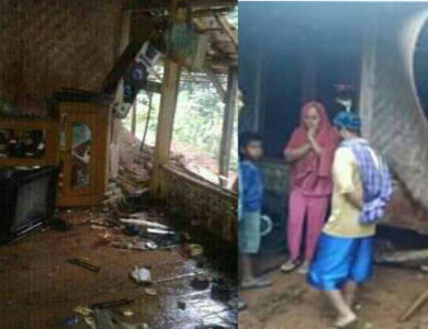 Sebuah rumah di Kampung Mekarsari, Desa Kalibaru, Kecamatan Pasirkuda, Kabupaten Cianjur tersambar petir. Foto: Facebook/Whie