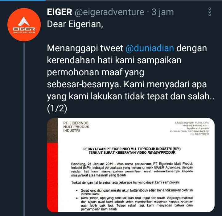 Surat Komplain Video Review Viral, Eiger Buka Suara