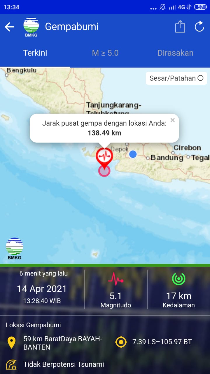 Gempa bumi mengguncang Barat Daya Bayah Banten pada Rabu 14 April 2021 hari ini. Goyangan gempa terasa hingga beberapa kecamatan di Kabupaten Cianjur.