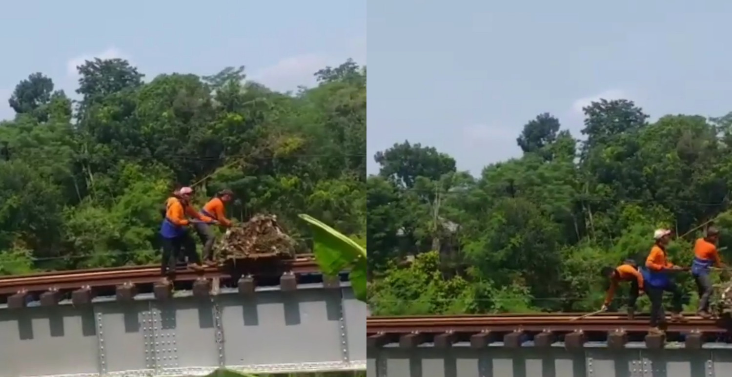 Tangkapan layar tiga orang petugas membuang sampah dari atas Jembatan Kereta Api Cisokan yang viral.