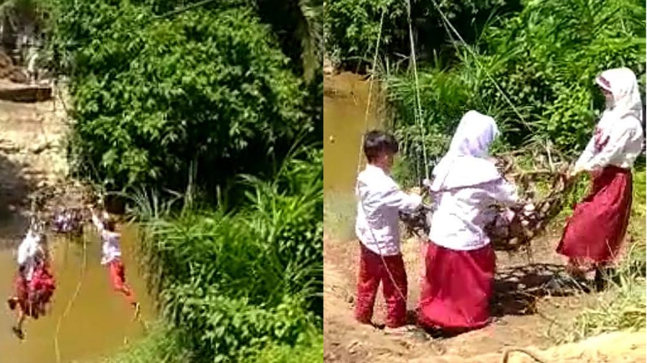 Fakta-fakta Video Viral Tiga Siswa Seberangi Sungai dengan Seutas Tali