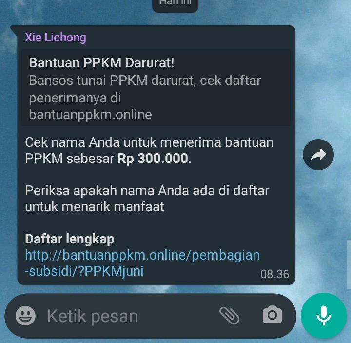 Waspada! Hoaks Link Bantuan PPKM Rp300 Ribu Beredar di WhatsApp