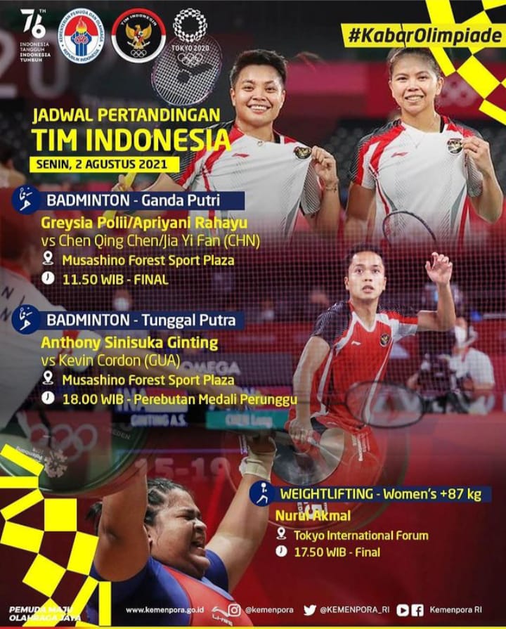 Jadwal Tanding Tim Indonesia Olimpiade Tokyo 2020, Senin 2 Agustus 2021