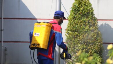 woman in blue and red jacket holding yellow plastic bucket