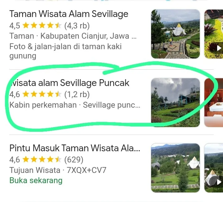 Harap berhati-hati saat mencari lokasi kami di Google Maps. Akun visata alam Sevilllage puncak yang dilingkari adalah AKUN PALSU yang digunakan untuk menipu.