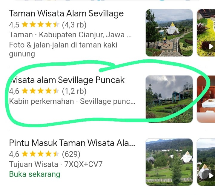 Harap berhati-hati saat mencari lokasi kami di Google Maps. Akun visata alam Sevilllage puncak yang dilingkari adalah AKUN PALSU yang digunakan untuk menipu.