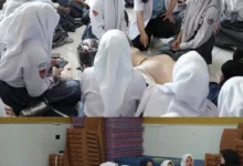 PARA siswi SMKN 1 Cipanas mengikuti arahan instruktur dari RSUD Cimacan saat sesi praktik Bantuan Hidup Dasar (BHD)