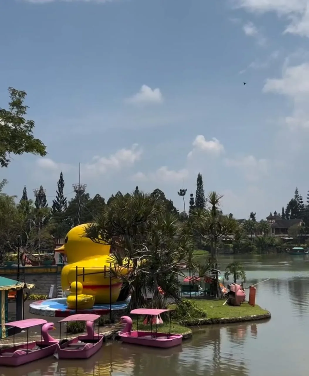 Wahana air perahu bebek menjadi salah satu aktivitas rekreasi favorit keluarga di area danau Little Venice, Kota Bunga, Cianjur, selain wahana gondola.
