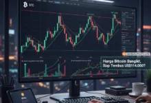 Seorang analis memantau pergerakan grafik harga Bitcoin (BTC) yang menampilkan pola teknikal falling wedge dan data on-chain (HAR, NUPL), mengindikasikan potensi breakout jika menembus level resisten US$114.000.