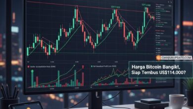 Seorang analis memantau pergerakan grafik harga Bitcoin (BTC) yang menampilkan pola teknikal falling wedge dan data on-chain (HAR, NUPL), mengindikasikan potensi breakout jika menembus level resisten US$114.000.