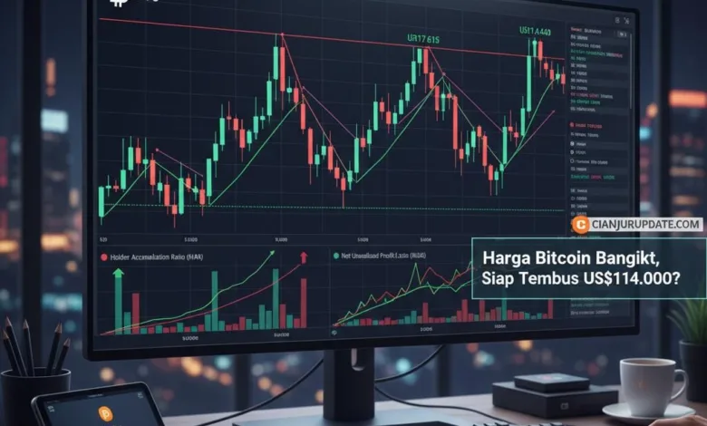 Seorang analis memantau pergerakan grafik harga Bitcoin (BTC) yang menampilkan pola teknikal falling wedge dan data on-chain (HAR, NUPL), mengindikasikan potensi breakout jika menembus level resisten US$114.000.