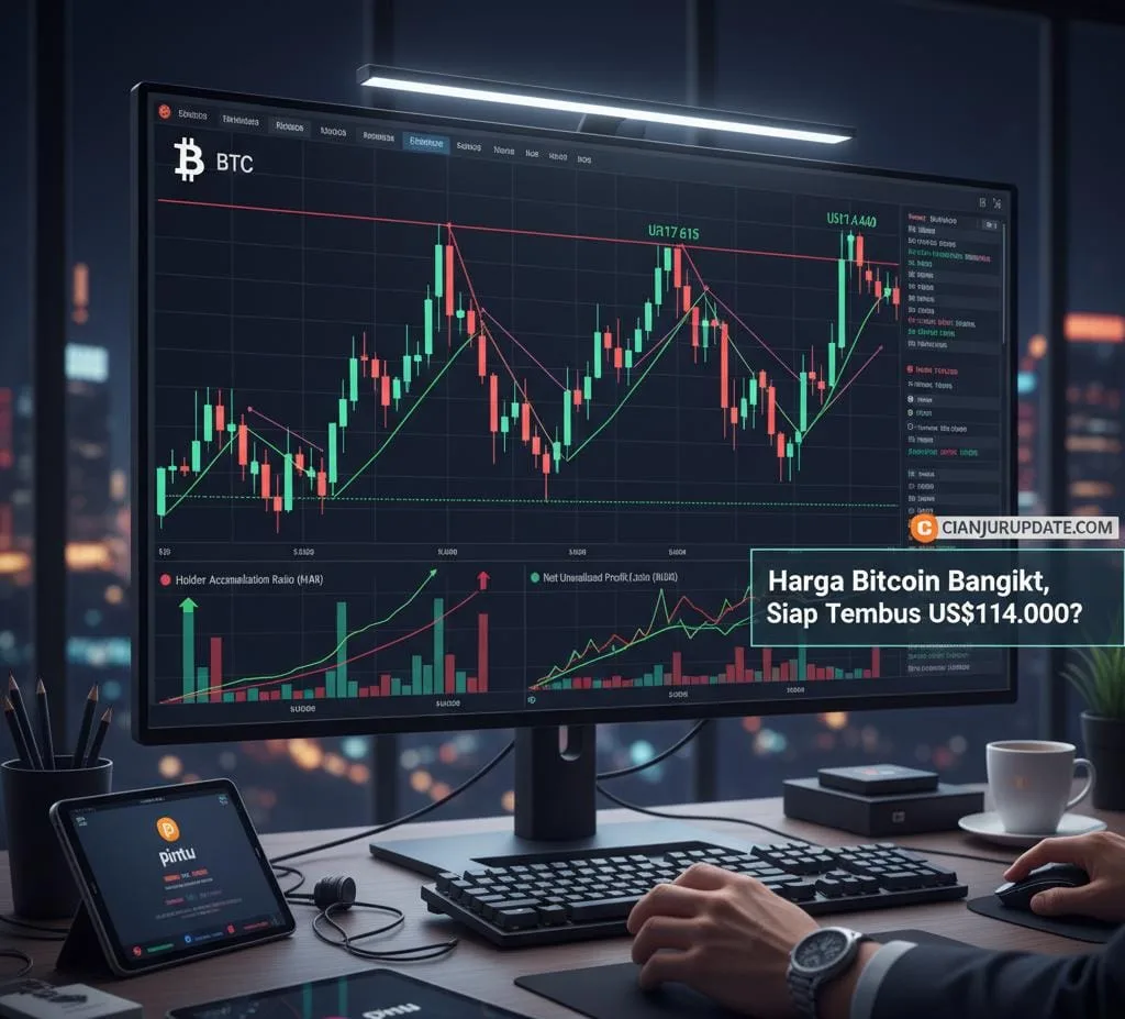 Seorang analis memantau pergerakan grafik harga Bitcoin (BTC) yang menampilkan pola teknikal falling wedge dan data on-chain (HAR, NUPL), mengindikasikan potensi breakout jika menembus level resisten US$114.000.