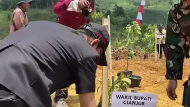 PENANAMAN SIMBOLIS: Wakil Bupati Cianjur, Abi Ramzi, melakukan penanaman pohon saat menghadiri acara pembukaan TNI Manunggal Membangun Desa (TMMD) ke-126