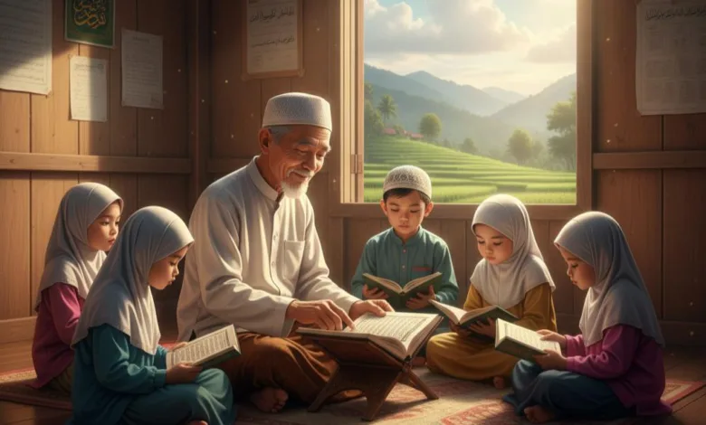 ILUSTRASI: Suasana kegiatan belajar mengajar seorang guru ngaji. Pemkab Cianjur menegaskan komitmennya untuk memuliakan para guru ngaji dan kini tengah menata ulang sistem penyaluran insentif agar lebih tepat sasaran dan berkelanjutan.