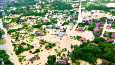 KEPUNGAN BANJIR: Tangkapan layar udara menunjukkan luasnya area permukiman yang tenggelam oleh banjir besar, menyisakan atap rumah dan pepohonan di tengah genangan air bah. (Foto: Instagram btgfeed)