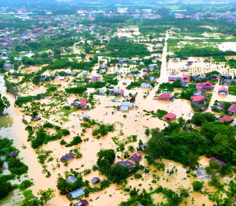 KEPUNGAN BANJIR: Tangkapan layar udara menunjukkan luasnya area permukiman yang tenggelam oleh banjir besar, menyisakan atap rumah dan pepohonan di tengah genangan air bah. (Foto: Instagram btgfeed)