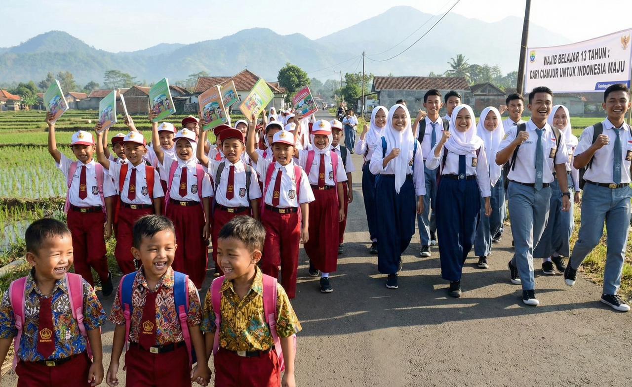 SEMANGAT WAJIB BELAJAR – Ilustrasi semangat pelajar di Kabupaten Cianjur dari jenjang TK, SD, SMP, hingga SMA menyambut Program Wajib Belajar 13 Tahun.