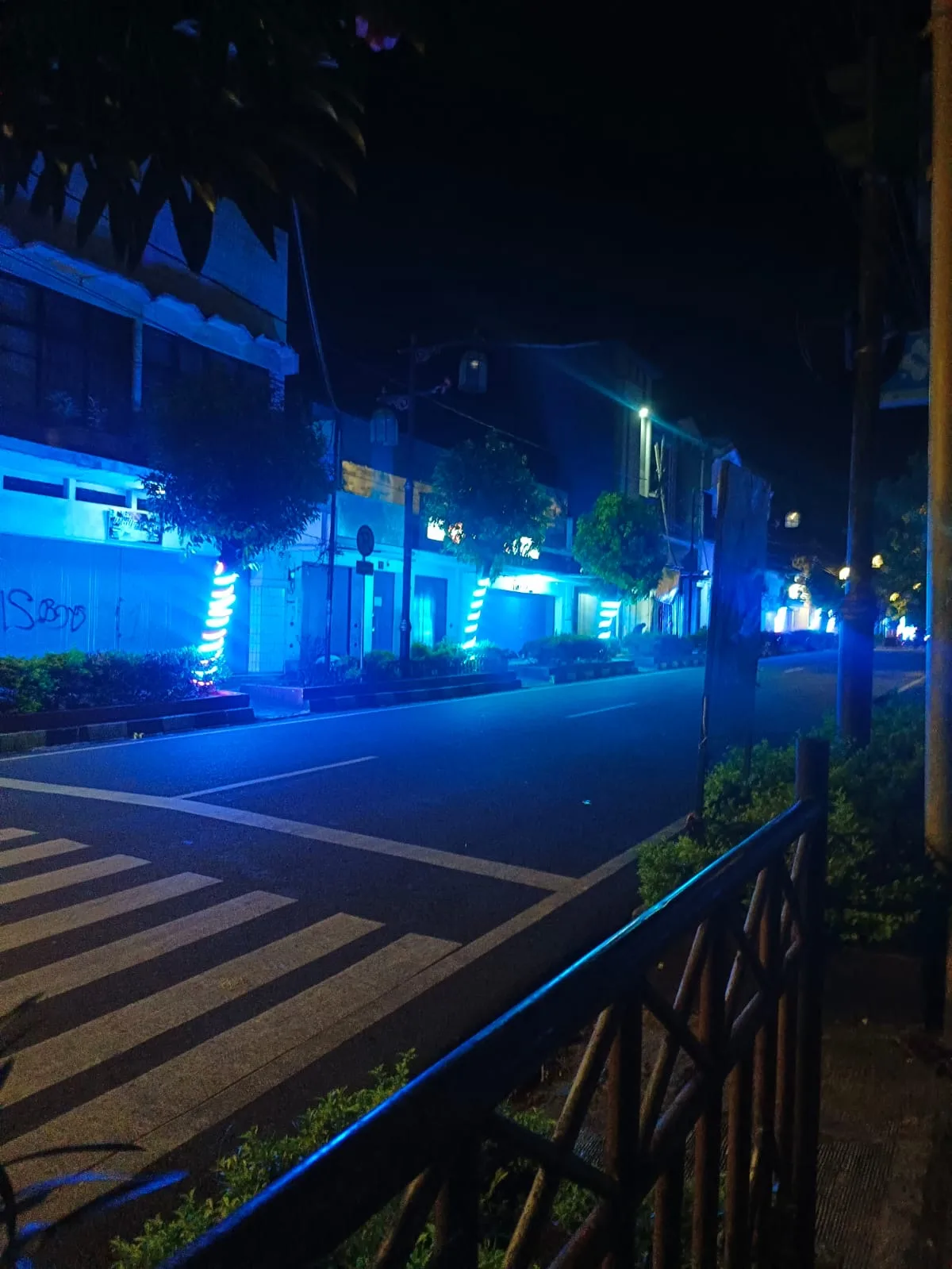 SUASANA MALAM. Tampilan baru Jalan HOS Cokroaminoto hingga Mangunsarkoro, Cianjur, yang kini dihiasi lampu pohon, Jumat (12/12/2025).