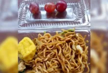 Menu Makan Bergizi Gratis (MBG) di Cianjur yang dikeluhkan orang tua murid: Mi goreng, satu potong tahu kuning, dan hanya tiga butir anggur, disajikan dalam kemasan mika plastik.