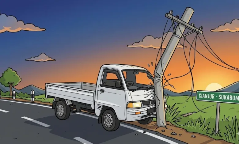 Mobil Carry Tabrak Tiang Telepon di Cianjur, Pengemudi Luka-luka
