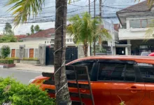 Kondisi instalasi kabel dan panel kontrol lampu hias yang terpasang di batang pohon di pinggir jalan protokol Cianjur, Senin (15/12/2025). Posisi panel yang rendah menjadi perhatian Dinas Perkim untuk segera melakukan pengamanan ekstra agar tidak membahayakan warga, terutama anak-anak.