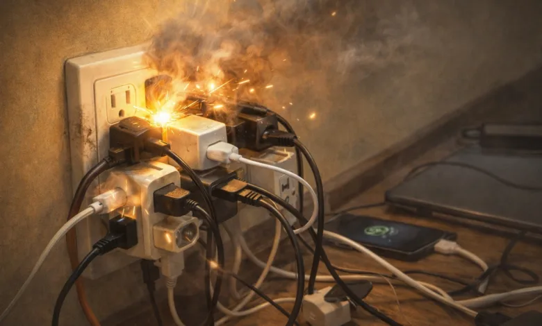 CEGAH KEBAKARAN — Penggunaan sambungan kabel yang bertumpuk (paralel) berpotensi besar memicu percikan api dan korsleting. PLN UP3 Cianjur mengajak warga aktif memeriksa instalasi rumah dan menggunakan listrik secara aman sesuai standar.