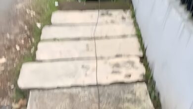 Kabel provider WiFi terlihat menjuntai rendah hingga menyentuh jalan setapak di Panembong, Desa Mekarsari, Cianjur. Kondisi ini dikeluhkan warga karena dinilai membahayakan.