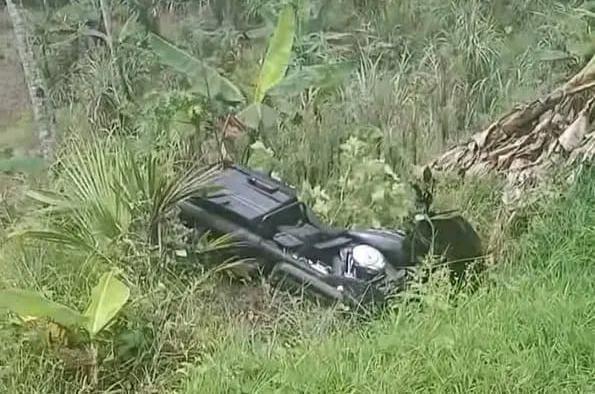 Sebuah motor gede (moge) Harley Davidson terperosok ke area rerumputan di Jalur Jabar Selatan, Kecamatan Agrabinta, Cianjur, usai gagal menyalip.