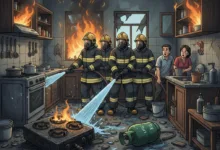 Petugas Damkar berusaha memadamkan api yang bersumber dari kompor di area dapur.