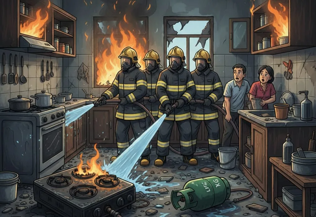 Petugas Damkar berusaha memadamkan api yang bersumber dari kompor di area dapur.