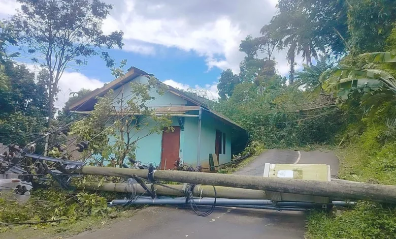 Tiang listrik tumbang akibat diterjang angin kencang hingga menutup akses jalan utama Desa Wangunjaya, Kecamatan Cugenang, Cianjur.