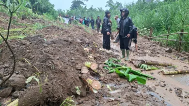 Aparat Polsek Cikalongkulon bersama pemerintah desa dan warga melakukan penanganan awal tanah longsor yang menutup jalur alternatif penghubung Desa Mekarsari–Mekarjaya, Kecamatan Cikalongkulon, Kabupaten Cianjur, Kamis (29/1/2026). Foto: Istimewa