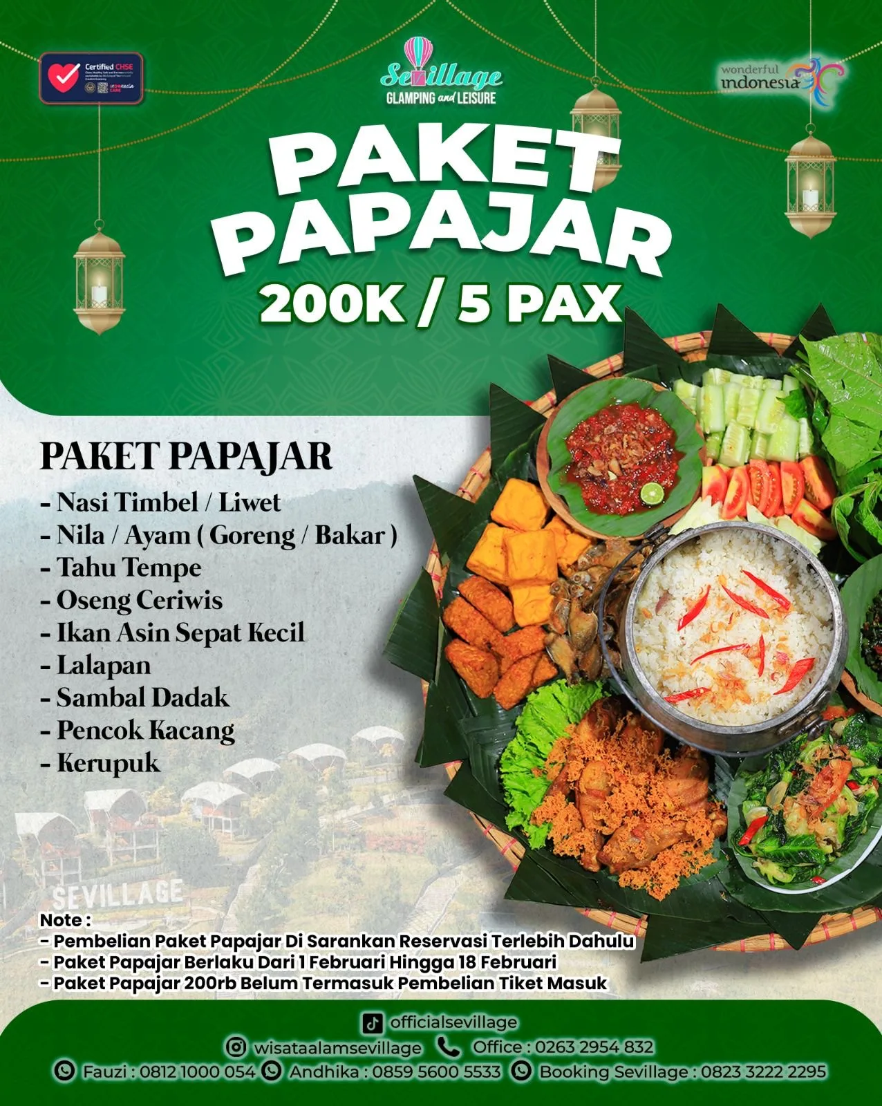 Rincian menu Paket Papajar seharga Rp200.000 untuk 5 orang di Sevillage. Paket ini menyajikan kuliner otentik Sunda mulai dari Nasi Liwet, pilihan lauk Ayam atau Ikan Nila, hingga pelengkap khas seperti Oseng Ceriwis dan Pencok Kacang, cocok untuk wisata kuliner keluarga.