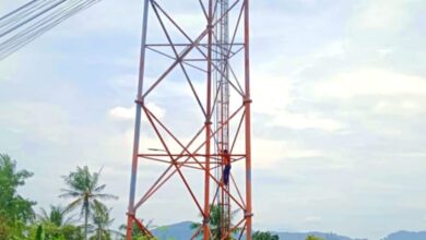 Seorang pria memanjat tower BTS di Kampung Pupunjul, Desa Kertajaya, Kecamatan Ciranjang, Kamis (26/2), sebelum akhirnya turun dengan selamat setelah dibujuk petugas. Foto: Istimewa