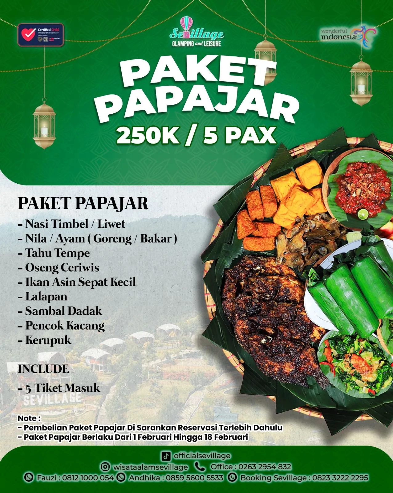 Penawaran paket bundling spesial Papajar seharga Rp250.000. Dengan harga tersebut, pengunjung tidak hanya mendapatkan porsi makan besar untuk 5 orang, tetapi juga sudah termasuk 5 tiket masuk kawasan wisata Sevillage, menjadikan liburan lebih hemat dan praktis.