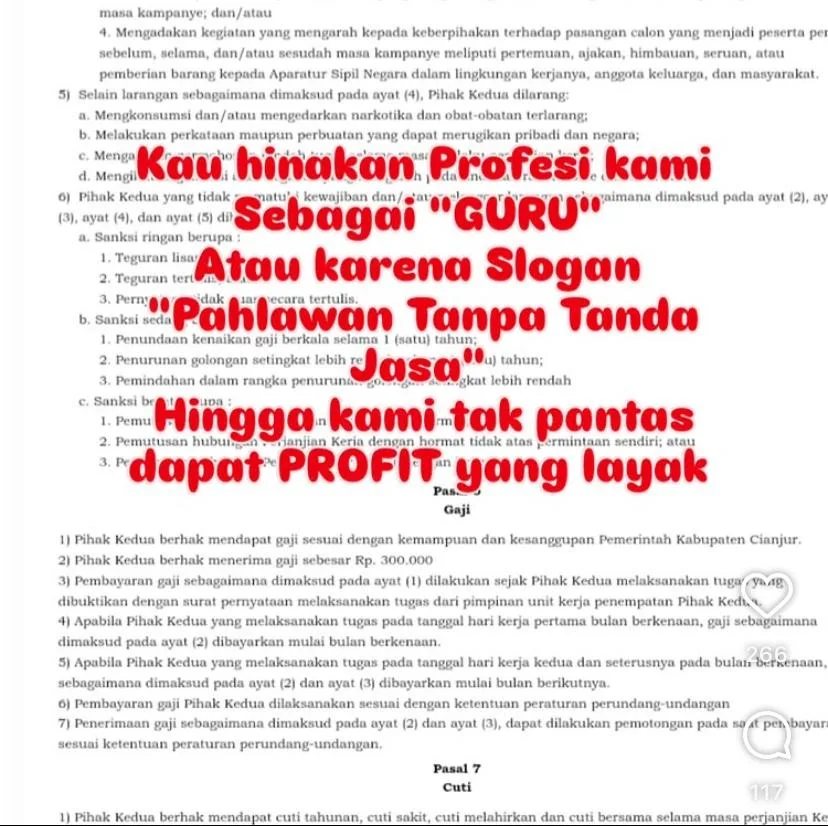 Tangkapan layar unggahan yang memperlihatkan klausul kontrak kerja guru di lingkungan Pemkab Cianjur dengan gaji Rp 300.000.