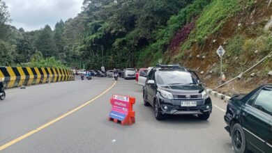 Arus lalu lintas H+3 Lebaran di jalur Cianjur–Puncak didominasi wisatawan yang kembali ke Jakarta. Sistem one way diberlakukan. Foto: Fauzi/CianjurUpdate