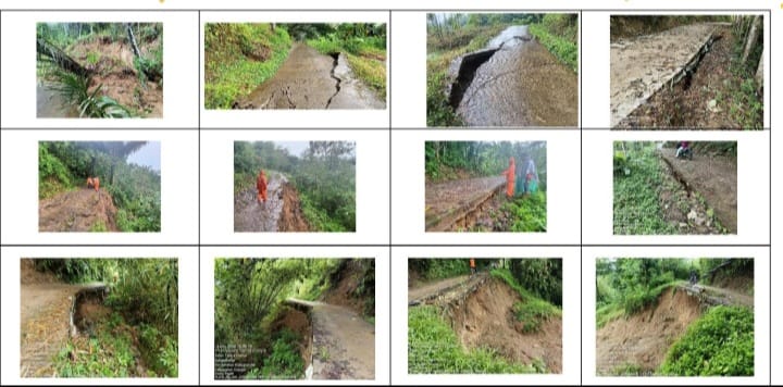 Rangkaian Titik Longsor: Kolase 12 foto mendokumentasikan berbagai kerusakan infrastruktur jalan di Desa Sukaraharja akibat tanah labil. Terlihat retakan besar pada beton, amblasan jalan, dan titik longsor yang parah di sepanjang jalur desa.